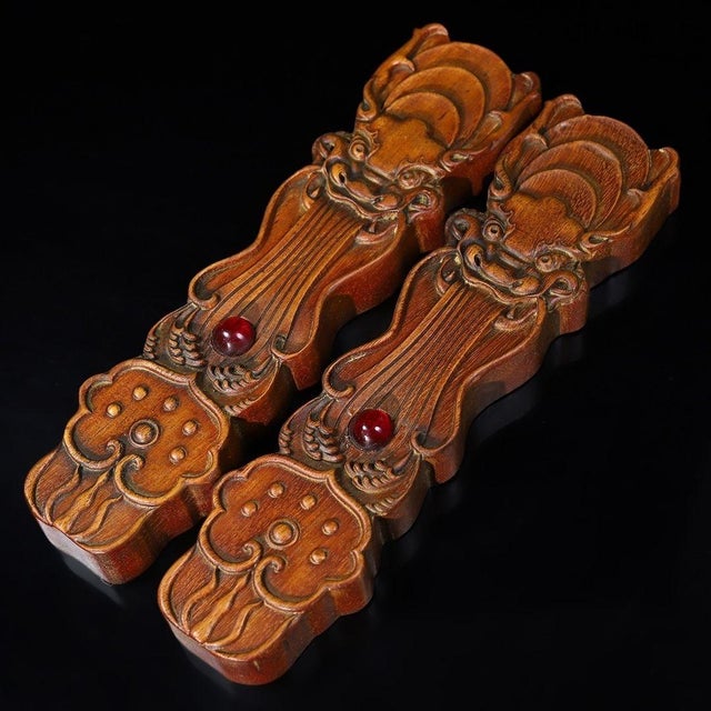 Gemstone Pair of Vintage Chinese Huali Rosewood Paperweights | Carved Ruyi Beast Gemstone Inlay For Sale - Image 7 of 7