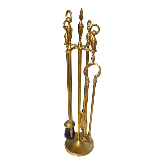 Vintage Brass Fireplace Fireside Tools, 1940s, Set of 5 For Sale