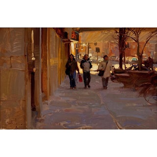 Downtown Denver by Kim English | Oil on Board Street scene with pedestrians in urban setting For Sale