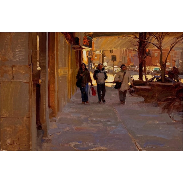 Downtown Denver by Kim English | Oil on Board Street scene with pedestrians in urban setting For Sale