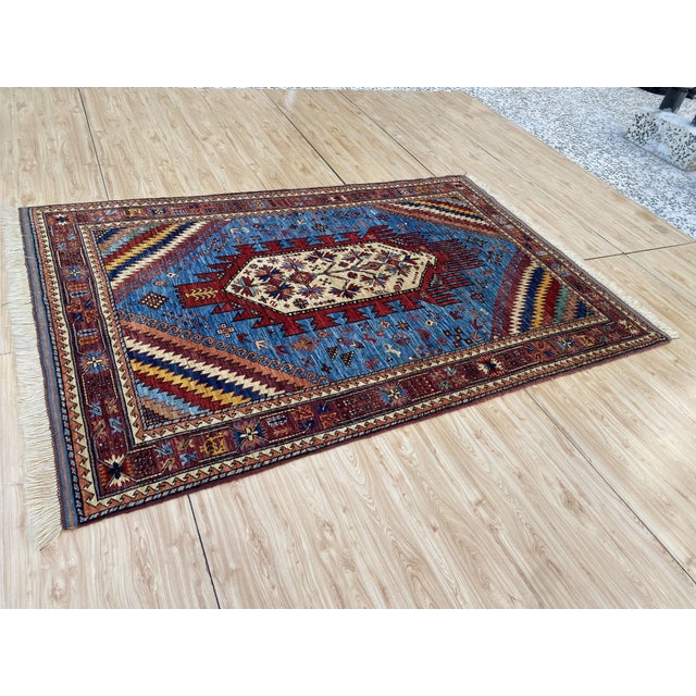 Sky Blue Kazak Medallion Handmade Wool Rug 5x8 For Sale - Image 4 of 10
