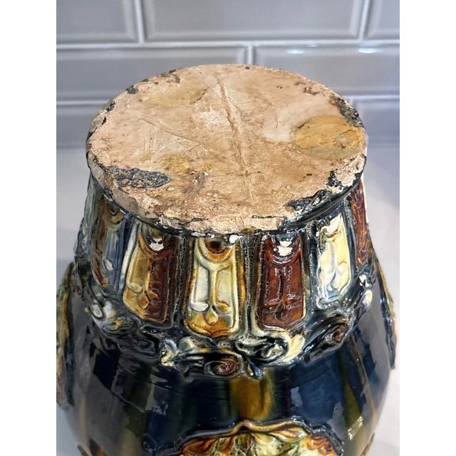 Chinese Antique Cobalt Blue Sancai Glaze Style Urn 1970’s Reproduction Vase Majolica Pottery 11" High X 10" For Sale - Image 3 of 12