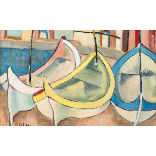 Contemporary Signed Post-Cubist Harbor Scene Oil on Canvas For Sale - Image 3 of 6