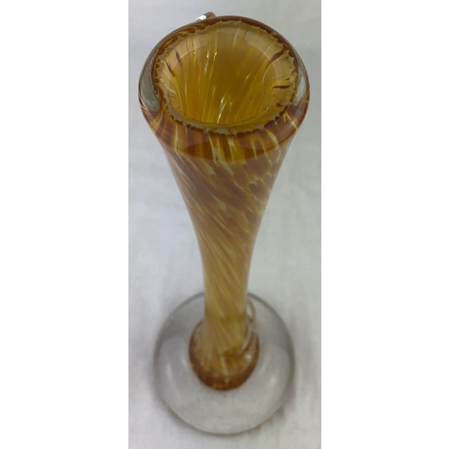 Tall French midcentury funnel necked art glass stem or single flower vase. Elegant form and striking colors. Blown, hand...