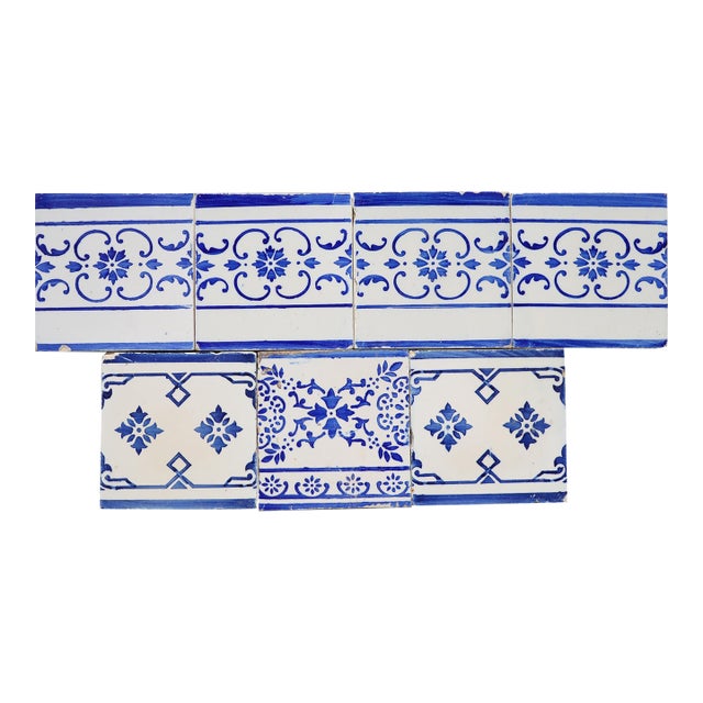 1920s Antique Art Deco Portuguese Blue & White Border Tiles Set of 7 For Sale