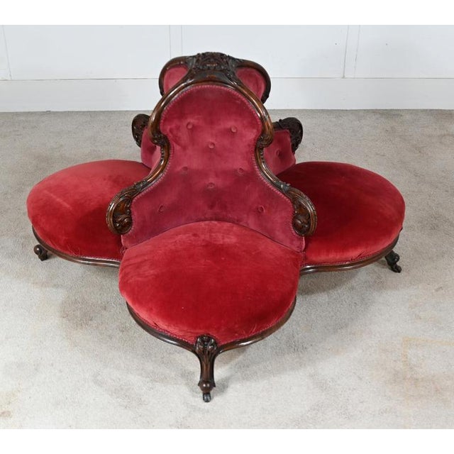 Gold Victorian Conversation Seat Settee Couch Tete-a-Tete in Mahogany, 1860 For Sale - Image 8 of 8