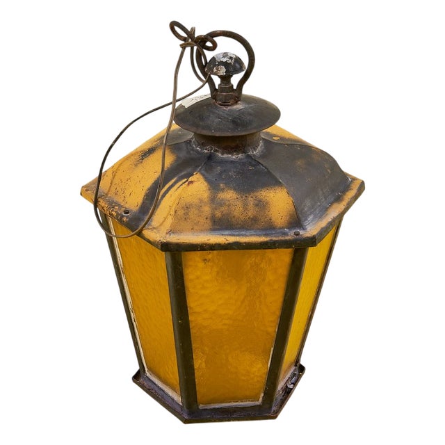 Antique Lantern in Iron and Amber Glass For Sale