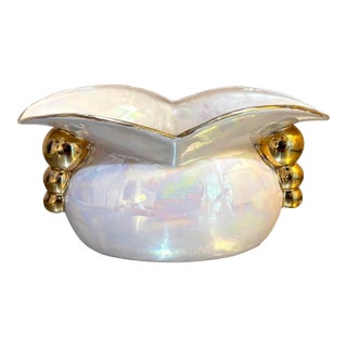 1950s-60s Iridescent White/Gold Ceramic Planter Signed For Sale