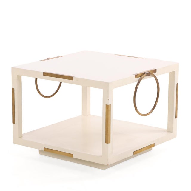 Mid-Century Modern Rare Pair of Two-Tier White Lacquered Wood and Brass End Tables, C. 1960 For Sale - Image 3 of 7