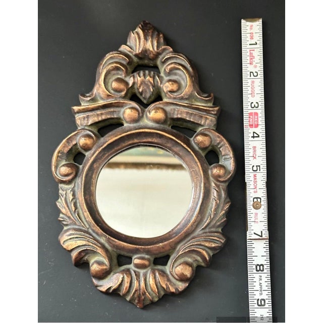 Wood Vintage Venetian Gilded Mirror – Ornate Italian Tole Carved Frame, Petite Accent Mirror For Sale - Image 7 of 8