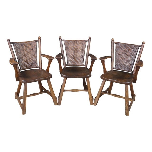 3 Vintage Old Hickory Arts & Crafts Mission Rustic Oak Lodge Paddle Arm Chairs For Sale