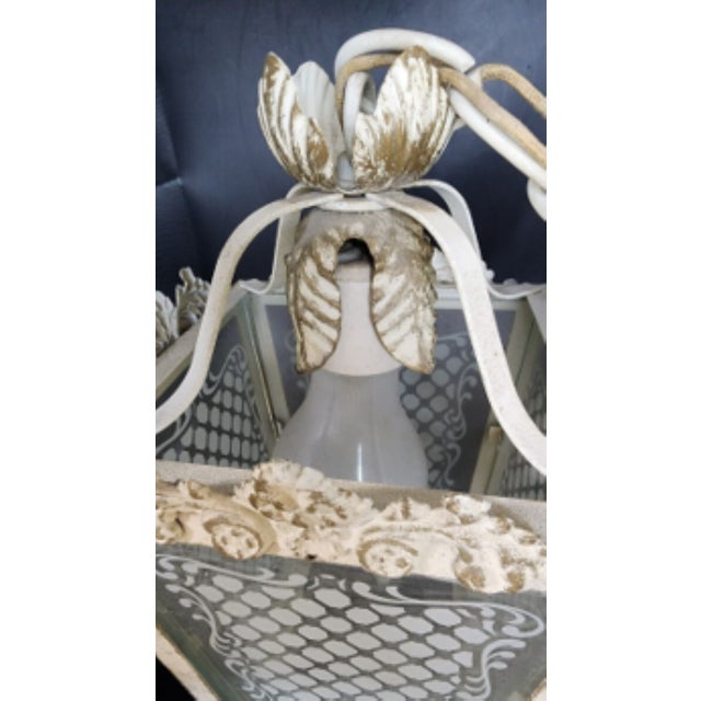 Vintage Tole and Etched Glass Panel Pendant Lantern For Sale - Image 6 of 12