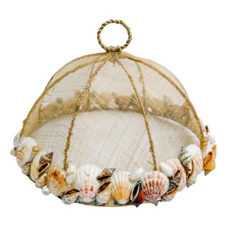Late 20th Century Artisanal Seashell-Embellished Mesh Food Cover Dome With Twisted Rope Finial For Sale
