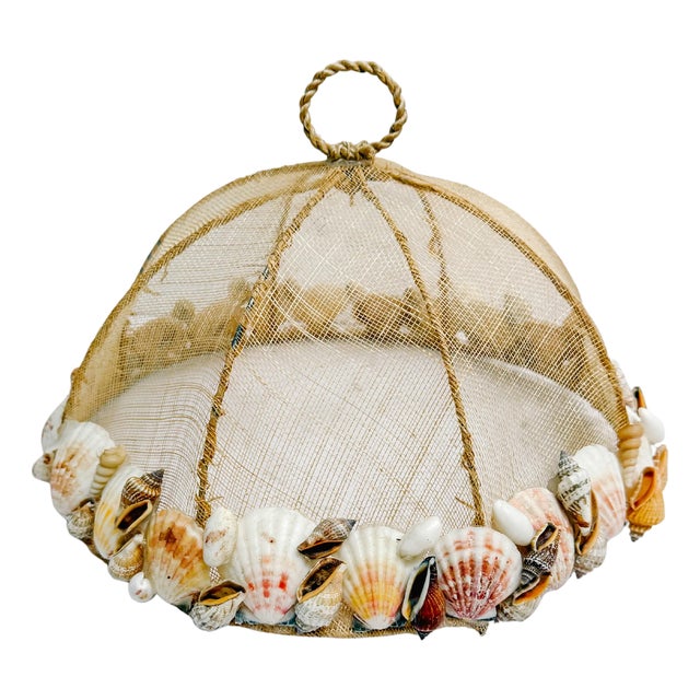 Late 20th Century Artisanal Seashell-Embellished Mesh Food Cover Dome With Twisted Rope Finial For Sale
