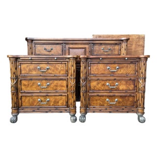 Pair of American Signature West Indies Faux Bamboo and Woven Rattan Nightstands With Pullout Top and Drawers For Sale
