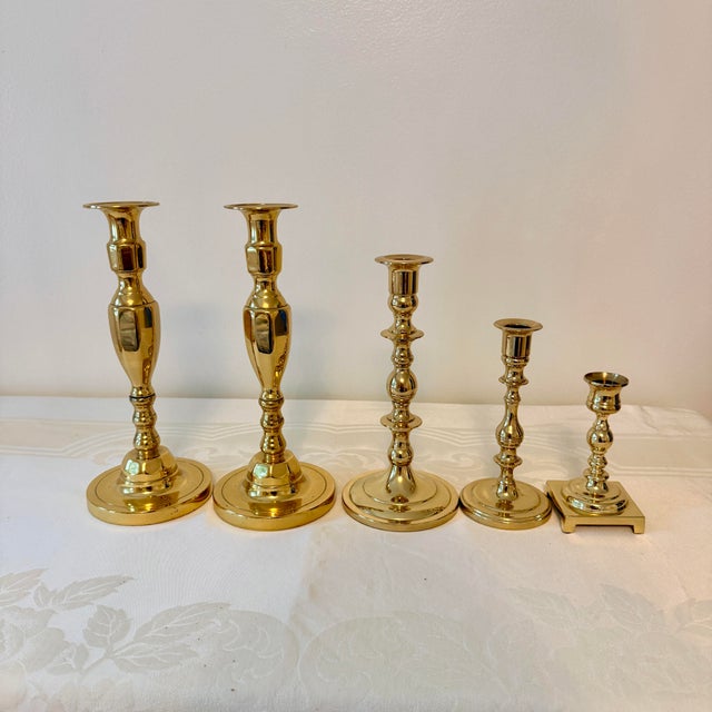 Vintage Graduating Height Solid Brass Candlesticks, a Set of 5 For Sale - Image 10 of 11