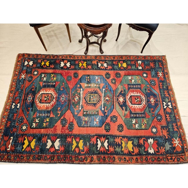 French Provincial Antique Caucasian Kazak Rug, Hand-Knotted Wool Pile, Geometric Design, Red & Blue, 5' x 7' For Sale - Image 3 of 12