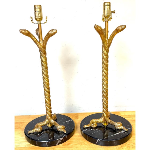 Metal Pair Italian Neoclassical Gilt Metal Three-Serpent Table Lamps, Marble Bases For Sale - Image 7 of 13