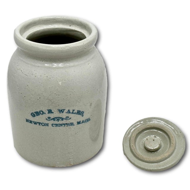 Royal Blue Antique Massachusetts 1 Quart Size Stoneware Oyster Crock - Jar With Hard to Find Original Lid - Circa 1890s For Sale - Image 8 of 18