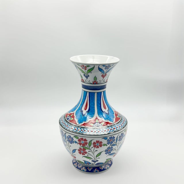 Ceramic Handmade Ceramic Classic Vase (30cm) – Turquoise Panels & Red Floral Pattern – Mediterranean Summer Decor For Sale - Image 7 of 8