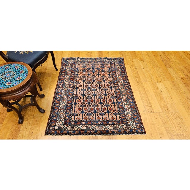 Terra Cotta Antique Persian Malayer Area Rug, Hand-Knotted Wool, Geometric Pattern, 4x5, Red & Navy For Sale - Image 8 of 16