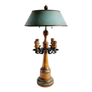 Vintage Forged Iron and Wood Table Lamp For Sale