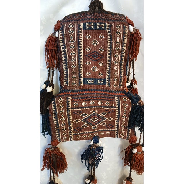 Antique Baluch Tribal Salt Bag With Cowrie Shell Tassels in Brown & Indigo For Sale - Image 11 of 18