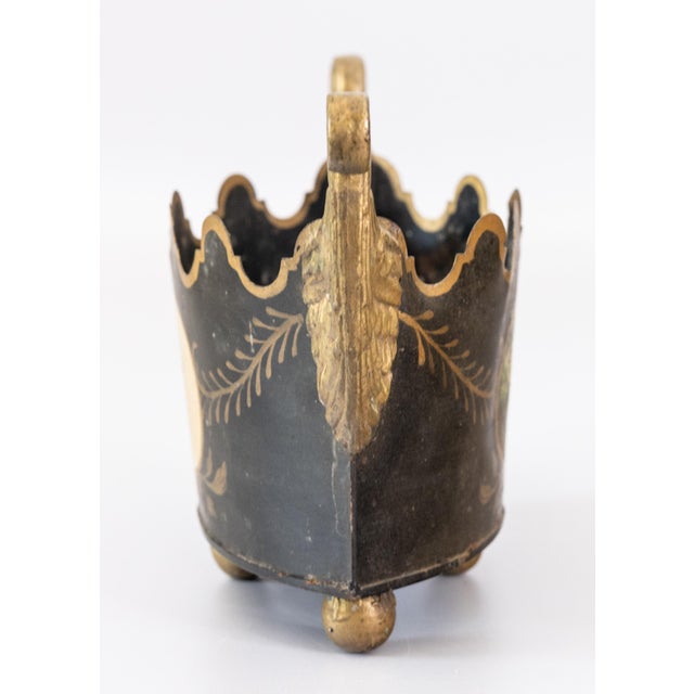 Antique Neoclassical French Tole Black and Gilt Cache Pot Jardiniere For Sale - Image 4 of 10
