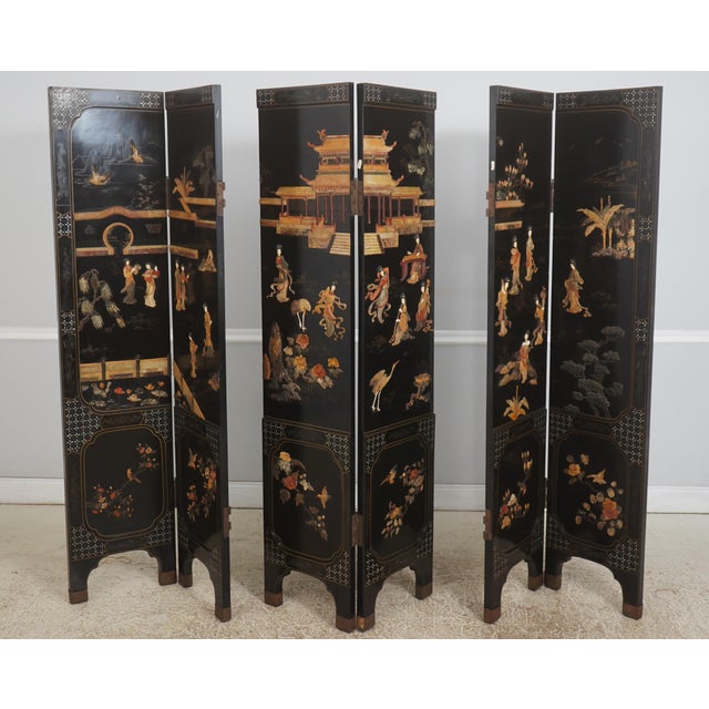 Age: Approx. 80 Years Old Details: Stunning Vintage Screen Chinoiserie Style Raised Details Brass Capped Feet Fine Carved...