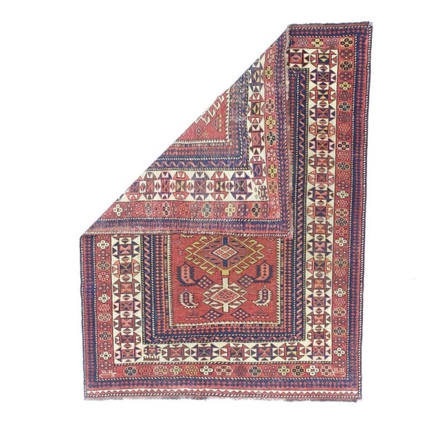 Antique Caucasian Kuba Rug 3'8" x 4’11". Azeri Turks inhabit the Kuba area of the central west Caspian Caucasus and weave...