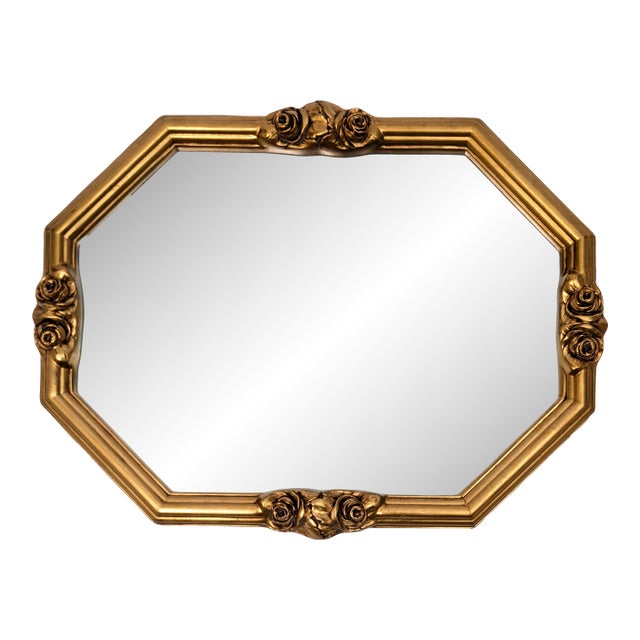 Vintage Octagonal Gilt Beveled Glass Decorator Mirror With Flowers For Sale