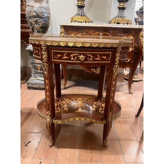 Brass French Louis XV Inlaid Oval Side Table With Drawer, Brass Gallery & Lower Shelf For Sale - Image 8 of 9