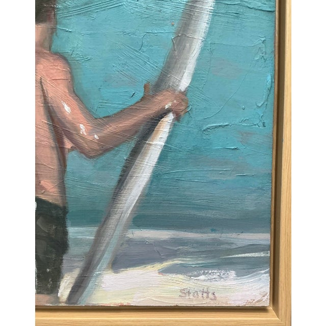 Charming oil painting on panel, by contemporary American artist Doug Stotts, depicting two surfers, one in the shallow...