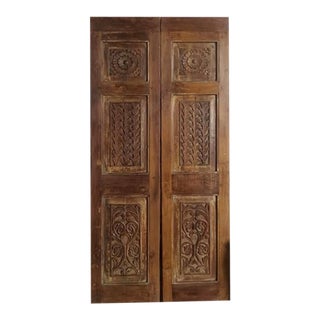 Pair of Carved Sliding Barn Doors, Hinged, Farmhouse Rustic Style For Sale