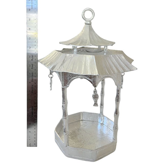 1980s Large Heavy Cast Aluminum Chinoiserie Pagoda Lantern & Centerpiece With Hanging Fish, 17" For Sale - Image 9 of 9