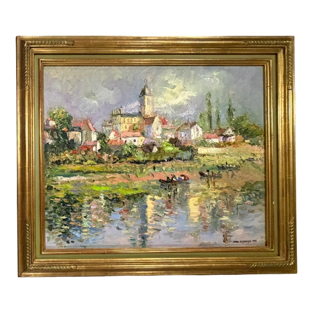 Late 20th Century Anna Olszewska - Riverside Village, Oil on Canvas For Sale