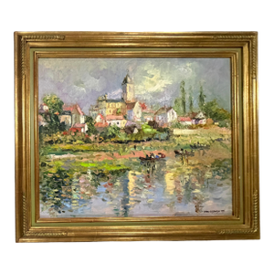 Late 20th Century Anna Olszewska - Riverside Village, Oil on Canvas