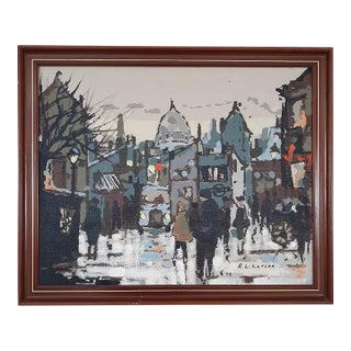 Mid Century Danish Modernist Cityscape Oil Painting by Hugo Langkilde Larsen For Sale