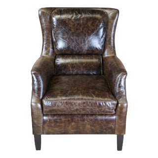 Late 20th Century Arhaus Alex Dark Walnut Leather Club Lounge Library Armchair For Sale
