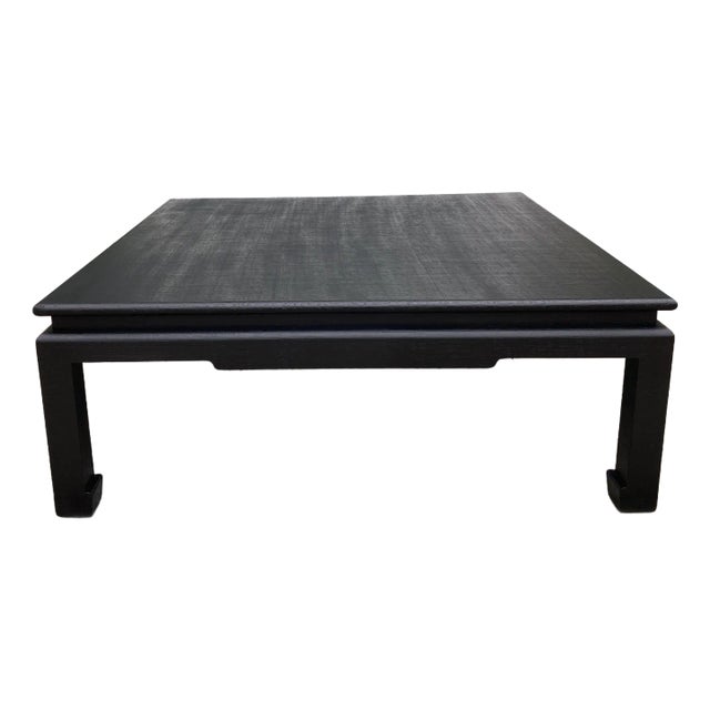 Van Horn Linen Wrapped Asian Style Coffee Table in Satin Black Lacquered Finish For Sale