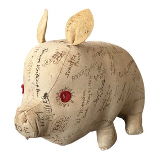 WWII-Era Farewell Signature Stuffed Pig Hand-Signed Folk Art Textile Sculpture, 1940s For Sale