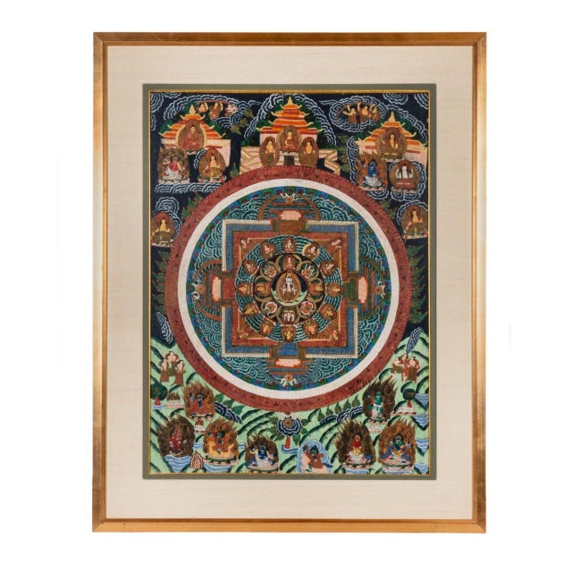 A finely hand-painted 19th c Tibetan Buddhist thangka depicting the Meditation Buddha seated within a sacred mandala,...