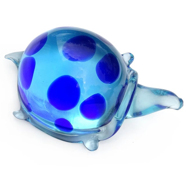 Mid-Century Modern Vintage Murano Salviati Glowing Light and Dark Blue Spots Italian Art Glass Abstract Turtle Figure Sculpture For Sale - Image 3 of 10
