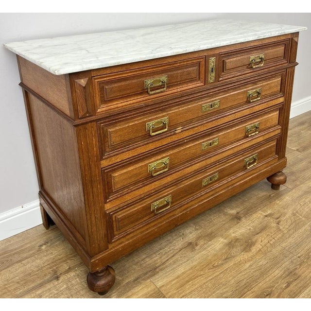 Antique French Oak Marble Top Carved Chest of Drawers For Sale - Image 3 of 15