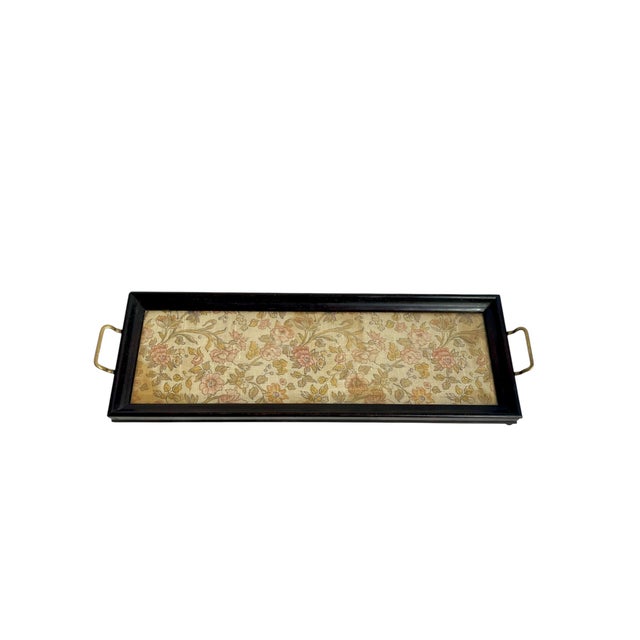 Antique English Glass Top Wood Tray With Brass Handles and Brocade Fabric For Sale - Image 13 of 16