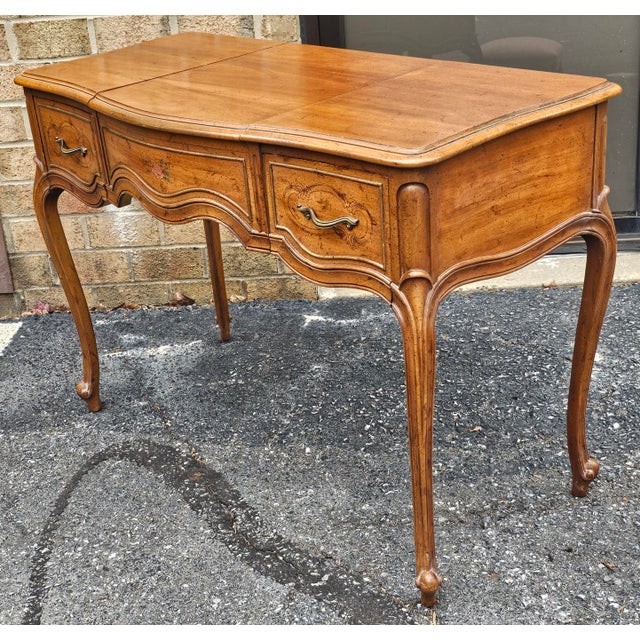 Wood Drexel French Provincial Style Walnut Mirrored Vanity Table With Bench - Set of 2 For Sale - Image 7 of 12