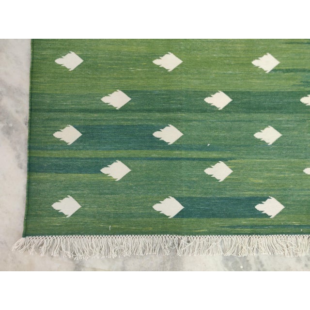 Handmade Cotton Fleur Rug, Forest Green and White Dhurrie - 14'x16' For Sale - Image 11 of 16