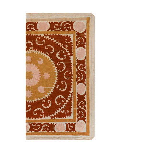 Uzbek Suzani: Rust & Pink Embroidered Cotton Textile 4'3'' X 4'4'' For Sale - Image 4 of 12