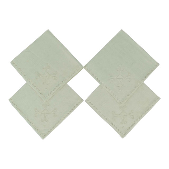 Late 20th Century Style Hand Embroidered Linen Square Cocktail Napkins- Set of 4 For Sale