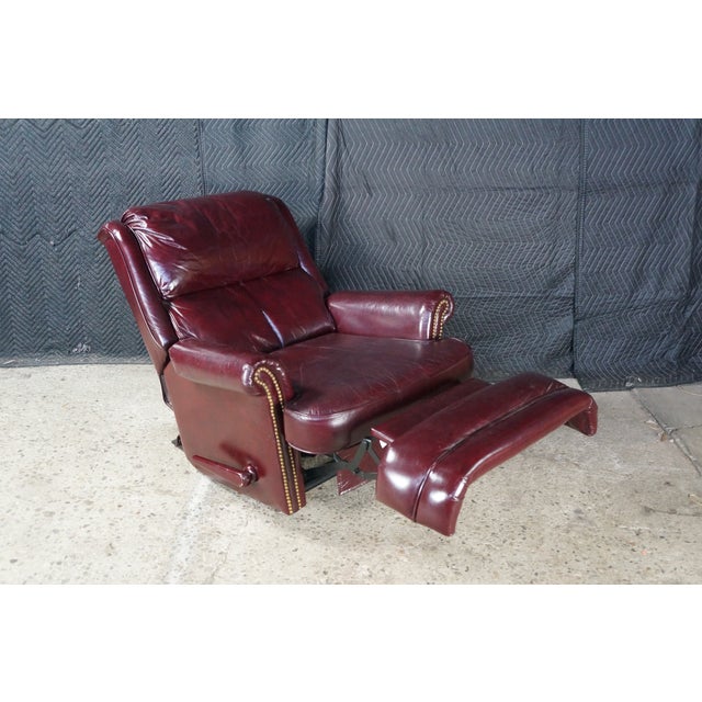 1975 Lane Furniture Burgundy Red Oxblood Leather Nailhead Reclining Armchair For Sale - Image 12 of 18